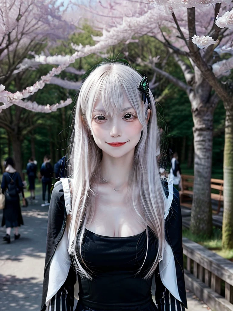 masterpiece,  top quality ,  high definition , ,  long hair, White Hair,  hair accessories ,  brown eyes, chest, The black capelet ,  long dress ,   black dress,  Long Sleeve ,  vertical stripes, smile,   open mouse ,  standing with different breasts ,  cowboy shot,  in,  bend your back,  outdoors on the street at night, cherry blossoms,  turn your arms around your back ,, realistic , masterpiece,  top quality , 最 high definition , 細部まinこだわった,  soft light during the cruise,  professional lighting,  backlight,  Film Grain,  The Background Is Blurry ,  Japanese  , ( subject was taken from an oblique view, The subject is not looking at the camera:1.3), ,  upper body photo,  looks sleepy, absent-minded,  grin ,  Open Your Mouth , Beautiful and detailed eye drawing, (Droopy eyes:1.3),  dark eyes,  thin eyebrows, Draw eyelashes carefully, Eyelash extensions,  gal makeup, Orange Cheeks, ( hidden eyelid crease slightly to the side:1.3), (Gothic Summer School Uniform:1.3), (Summer Forest:1.3)