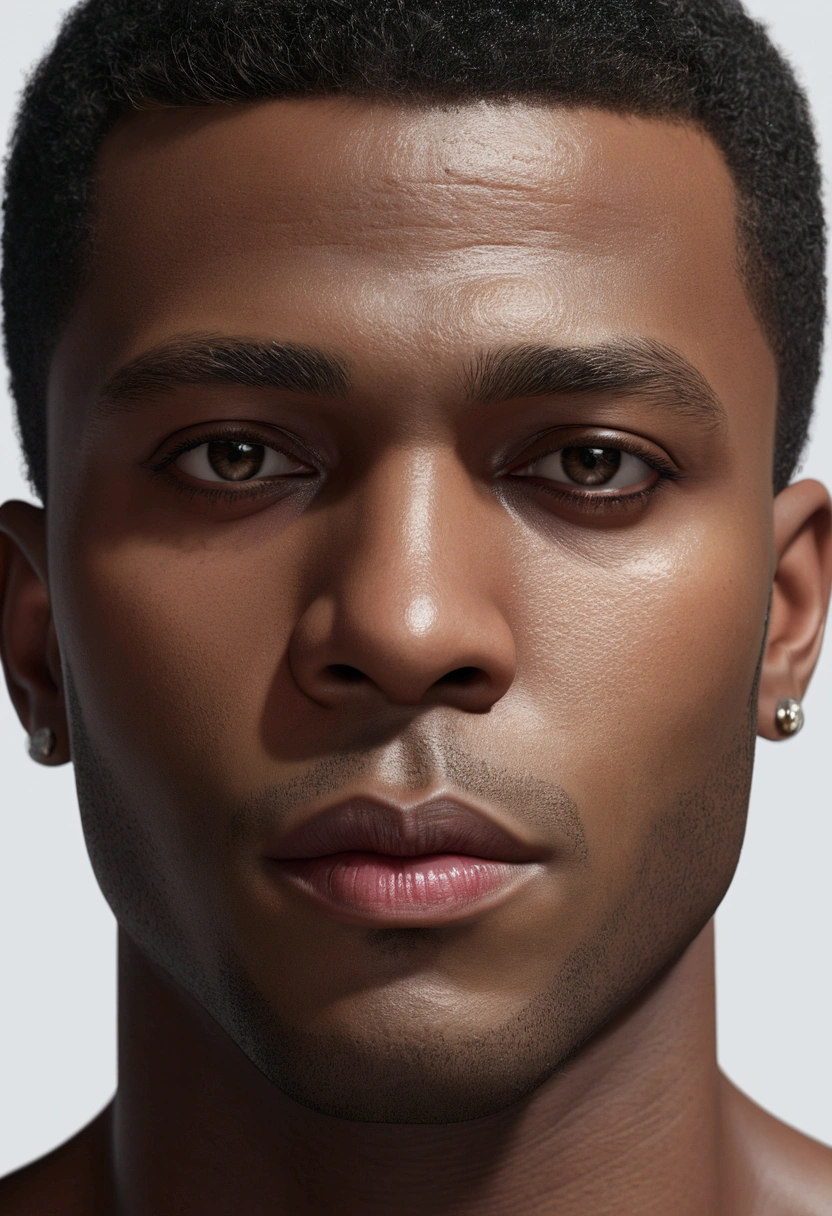 Create a tall, black man with almost zero shaved hair, fleshy lips, mix of blacks and whites