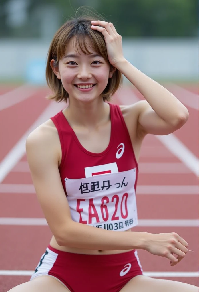 (Beautiful Japanese female track and field athlete), cute face, (deeply carved face:0.7), (freckles:0.6), soft light,healthy white skin, shy, ponytail, (smile), (sparkling eyes), thin, athletics stadium, athlete, slender, belly button, th, sitting, open legs, Guts pose, be happy