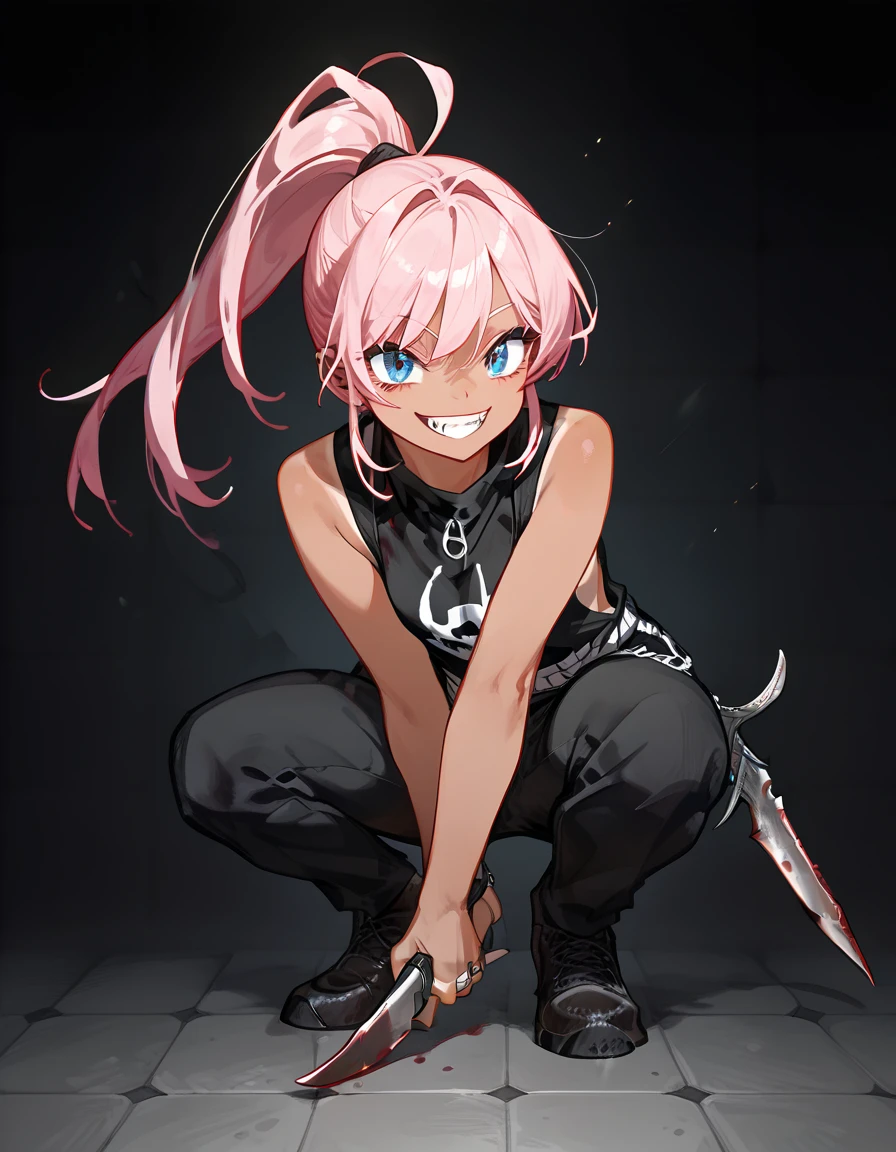 girl,Tan,Light pink hair,  in blue eyes , Small fangs , dark rings under the eyes,  3-sided ponytail , Killer shirt  ,Multiple belts  , Medium chest, , square sleeves  ,หน้าMedium chest,cool,, curving, shrinking,Scary smile,Tanned,Curved, shortened black back theme ,Holding a dagger, Black Pants, Double Shoulder Blouse,Black Knife ,Squat,Embroidered Floor ,Tanned