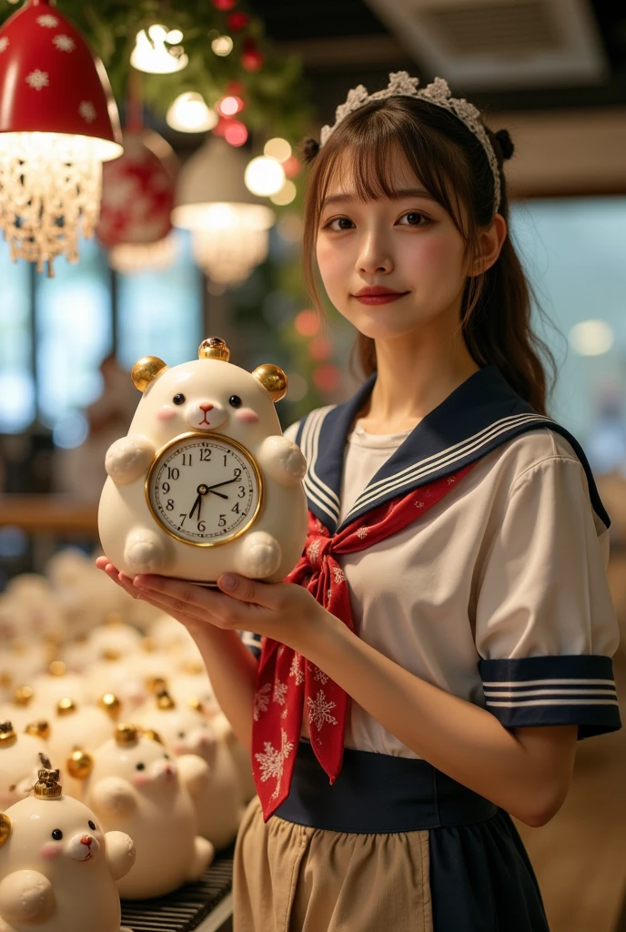 ultra-realistic, photorealistic, dramatic scene, shadow, global-illumination, solo, very beautiful Japanese woman, she is high school student, she works part-time at the factory, very beautiful with very cute but boyish cool face, wearing high school sailor uniform, she is working at the daikon radish figure factory, She is holding a realistic daikon shaped clock that is being carried on a conveyor belt, Many identical clocks are being carried on a conveyor belt in an orderly fashion, the cute clock that she is holding is 1 daikon\(white porcelain, analog clock, intricated detailing, antique, elegant, daikon radish shaped clock, Meissen, Cibulak, Glossy and smooth surface, large, very cute, smile, chubby, full body\), the factory is gorgeously decorated with bamboo and festive Christmas illuminations, shoot from side