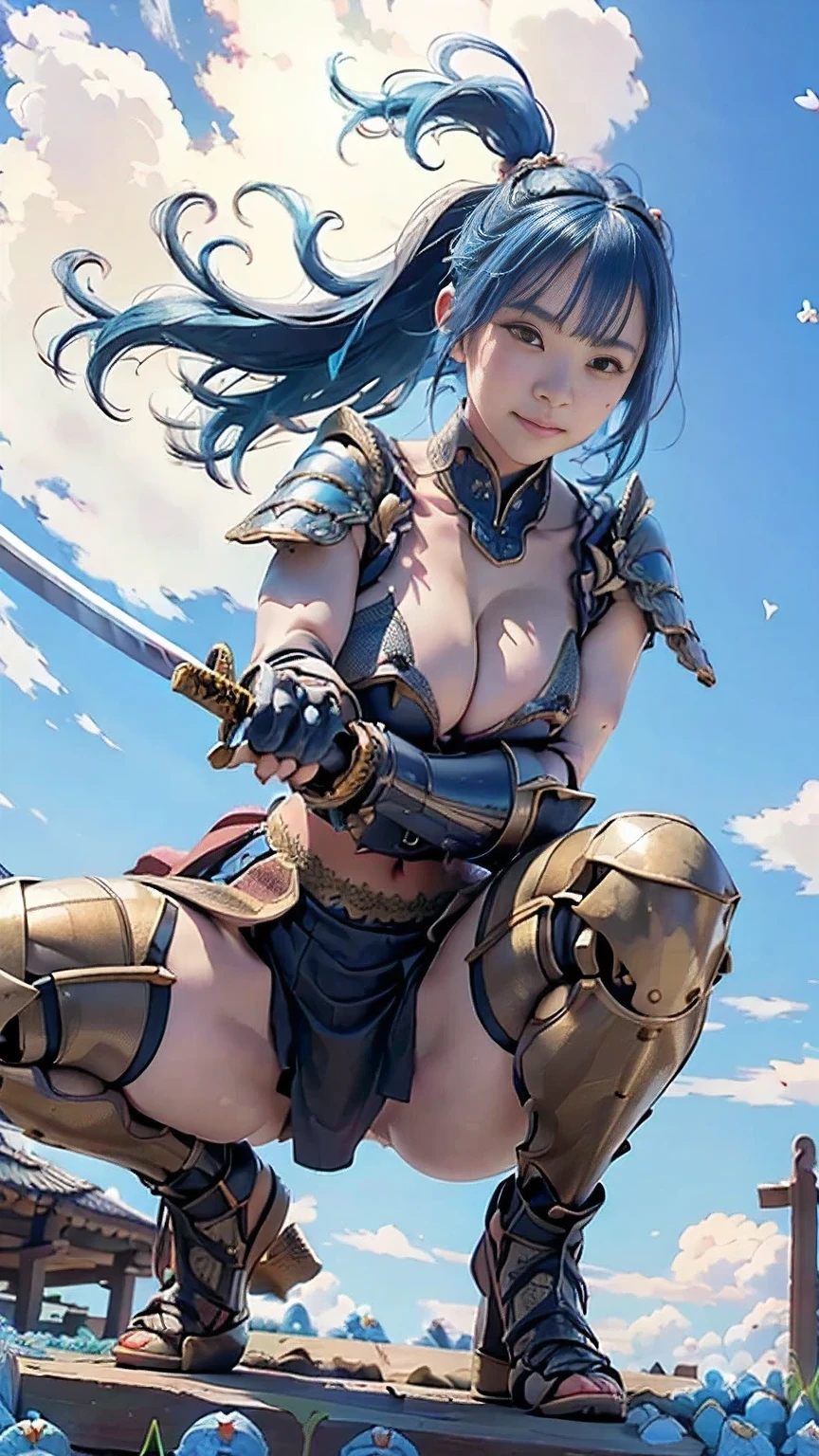  A young Japanese woman , warrior, Combat Stance, ((wielding a sword:1.3)),  very detailedな, realisti,smile, (( Looking at the subject from the front :1.2)), ((Crouching and standing up,  feet :1.3)),  Brilliant Appearance , ,Creative Action,  extremely detailed, Imaginative,  sensual, spontaneous ,  top quality ,  skin texture, ((very short hair), (blue hair), blue eyes, 引き締まった体, huge breasts,(big breasts:1.5), Big Breasts,  plump thighs,  blue armor with forgotten grass pattern engraved , leather samurai armor knight, bikini type design that emphasizes chest exposure ,((sideboob)),  wear a blue cloak with a don't forget grass flower pattern , ruffled skirt,  b blue shin guard engraved with forget grass pattern , Black high-leg underwear , White tights,  absolute domain,  Intricate Details , ((Blue sky and sun )), ((big forget-me-no petals background:1.6)), ((big forget-me-no petals:1.6)), ((big forget-me-no petals dancing in the wind:1.6)),( forget grass in full bloom ),( Large, forgotten herbs in full bloom are blooming in full bloom), (confetti),  RAW photos , 8k, masterpiece,  top quality , Ultra Details, very detailed,  Intricate Details , high definition ,超 Intricate Details, very detailed 8k cg wallpaper,