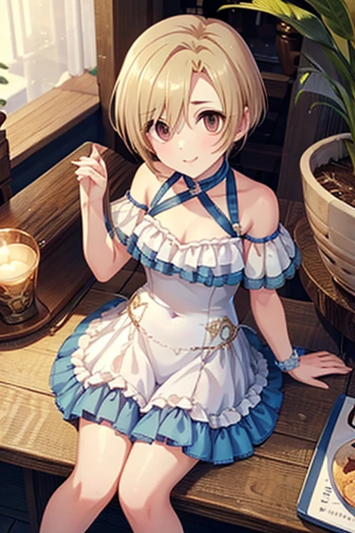 Blonde,  bangs catch my eye,  short hair,  brown eyes ,  flat chest, small butt、  sparkling eyes  , fine grain、smile、 super detailed eyes、 highly detailed face,  very detailed eyes, cowboy shot、
(masterpiece, 最 High Quality ,  High Quality ),
( 1 girl:1.3), Wearing a swimsuit、 showing legs and flat shoes、Anime girl sitting facing forward 。, emphasizes cleavage