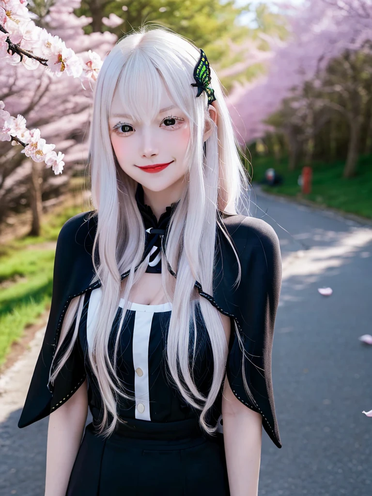 masterpiece,  top quality ,  high definition , ,  long hair, White Hair,  hair accessories ,  brown eyes, chest, The black capelet ,  long dress ,   black dress,  Long Sleeve ,  vertical stripes, smile,   open mouse ,  standing with different breasts ,  cowboy shot,  in,  bend your back,  outdoors on the street at night, cherry blossoms,  turn your arms around your back ,, realistic , masterpiece,  top quality , 最 high definition , 細部まinこだわった,  soft light during the cruise,  professional lighting,  backlight,  Film Grain,  The Background Is Blurry ,  Japanese  , ( subject was taken from an oblique view, The subject is not looking at the camera:1.3), ,  upper body photo,  looks sleepy, absent-minded,  grin ,  Open Your Mouth , Beautiful and detailed eye drawing, (Droopy eyes:1.3),  dark eyes,  thin eyebrows, Draw eyelashes carefully, Eyelash extensions,  gal makeup, Orange Cheeks, ( hidden eyelid crease slightly to the side:1.3), (Gothic Summer School Uniform:1.3), (Summer Forest:1.3)