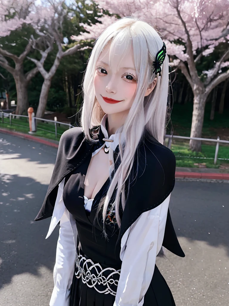 masterpiece,  top quality ,  high definition , ,  long hair, White Hair,  hair accessories ,  brown eyes, chest, The black capelet ,  long dress ,   black dress,  Long Sleeve ,  vertical stripes, smile,   open mouse ,  standing with different breasts ,  cowboy shot,  in,  bend your back,  outdoors on the street at night, cherry blossoms,  turn your arms around your back ,, realistic , masterpiece,  top quality , 最 high definition , 細部まinこだわった,  soft light during the cruise,  professional lighting,  backlight,  Film Grain,  The Background Is Blurry ,  Japanese  , ( subject was taken from an oblique view, The subject is not looking at the camera:1.3), ,  upper body photo,  looks sleepy, absent-minded,  grin ,  Open Your Mouth , Beautiful and detailed eye drawing, (Droopy eyes:1.3),  dark eyes,  thin eyebrows, Draw eyelashes carefully, Eyelash extensions,  gal makeup, Orange Cheeks, ( hidden eyelid crease slightly to the side:1.3), (Gothic Summer School Uniform:1.3), (Summer Forest:1.3)