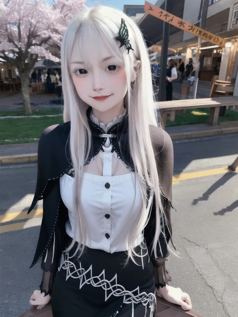 masterpiece,  top quality ,  high definition , ,  long hair, White Hair,  hair accessories ,  brown eyes, chest, The black capelet ,  long dress ,   black dress,  Long Sleeve ,  vertical stripes, smile,   open mouse ,  standing with different breasts ,  cowboy shot,  in,  bend your back,  outdoors on the street at night, cherry blossoms,  turn your arms around your back ,, realistic , masterpiece,  top quality , 最 high definition , 細部まinこだわった,  soft light during the cruise,  professional lighting,  backlight,  Film Grain,  The Background Is Blurry ,  Japanese  , ( subject was taken from an oblique view, The subject is not looking at the camera:1.3), ,  upper body photo,  looks sleepy, absent-minded,  grin ,  Open Your Mouth , Beautiful and detailed eye drawing, (Droopy eyes:1.3),  dark eyes,  thin eyebrows, Draw eyelashes carefully, Eyelash extensions,  gal makeup, Orange Cheeks, ( hidden eyelid crease slightly to the side:1.3), (Gothic Summer School Uniform:1.3), (Summer Forest:1.3)