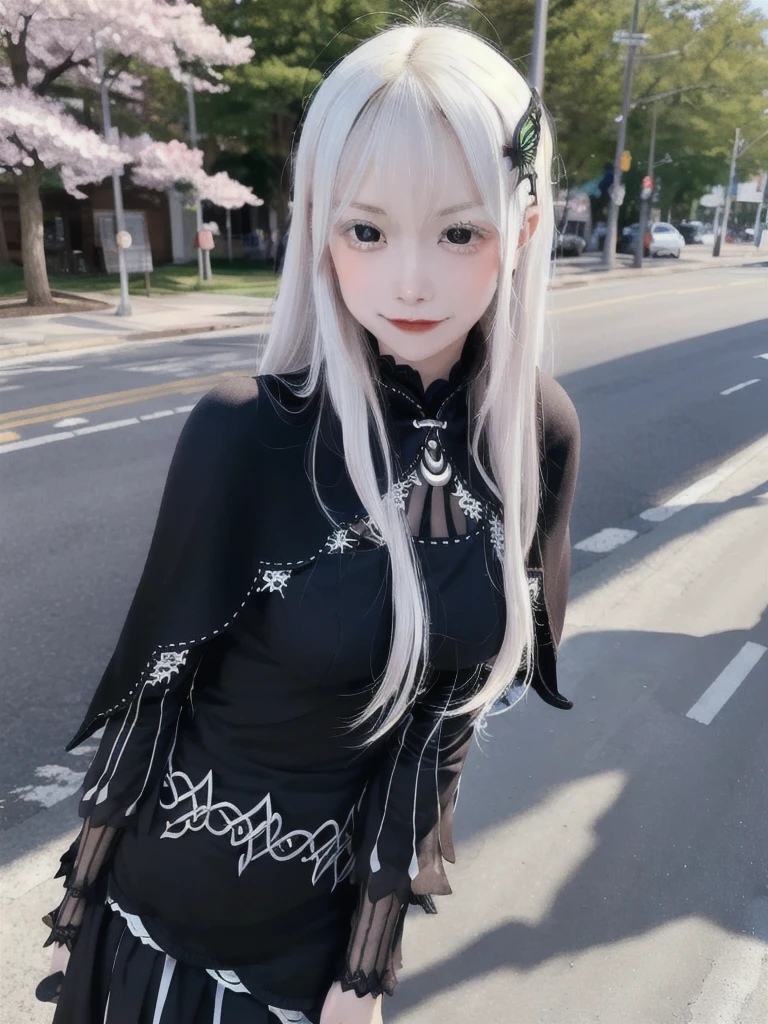 masterpiece,  top quality ,  high definition , ,  long hair, White Hair,  hair accessories ,  brown eyes, chest, The black capelet ,  long dress ,   black dress,  Long Sleeve ,  vertical stripes, smile,   open mouse ,  standing with different breasts ,  cowboy shot,  in,  bend your back,  outdoors on the street at night, cherry blossoms,  turn your arms around your back ,, realistic , masterpiece,  top quality , 最 high definition , 細部まinこだわった,  soft light during the cruise,  professional lighting,  backlight,  Film Grain,  The Background Is Blurry ,  Japanese  , ( subject was taken from an oblique view, The subject is not looking at the camera:1.3), ,  upper body photo,  looks sleepy, absent-minded,  grin ,  Open Your Mouth , Beautiful and detailed eye drawing, (Droopy eyes:1.3),  dark eyes,  thin eyebrows, Draw eyelashes carefully, Eyelash extensions,  gal makeup, Orange Cheeks, ( hidden eyelid crease slightly to the side:1.3), (Gothic Summer School Uniform:1.3), (Summer Forest:1.3)