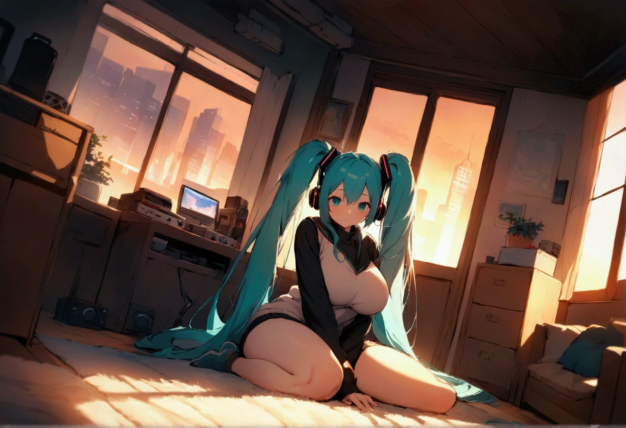 obra maestra, best_quality, 1girl, solo, abmayo, hatsune miku, fondo, escritorio, computadora, noche