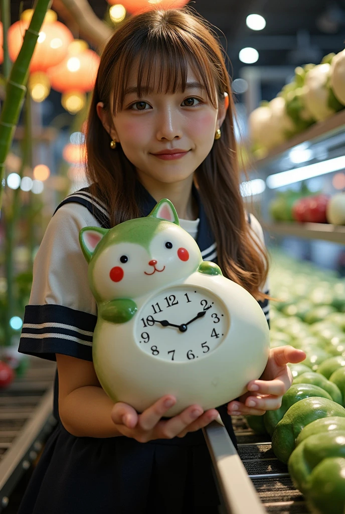 ultra-realistic, photorealistic, dramatic scene, shadow, global-illumination, solo, very beautiful Japanese woman, she is high school student, she works part-time at the factory, very beautiful with very cute but boyish cool face, wearing high school sailor uniform, she is working at the daikon radish figure factory, She is holding a realistic daikon shaped clock that is being carried on a conveyor belt, Many identical clocks are being carried on a conveyor belt in an orderly fashion, the cute clock that she is holding is 1 daikon\(white porcelain, analog clock, intricated detailing, antique, elegant, daikon radish shaped clock, Meissen, Cibulak, Glossy and smooth surface, large, very cute, smile, chubby, full body\), the factory is gorgeously decorated with bamboo and festive Christmas illuminations, shoot from side