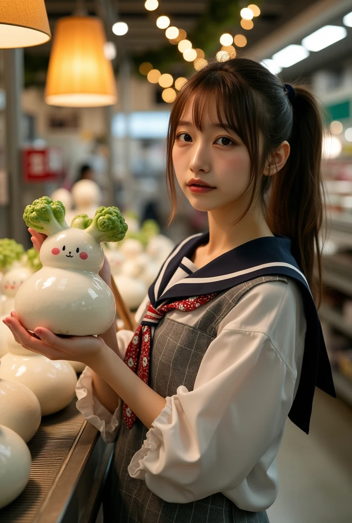 ultra-realistic, photorealistic, dramatic scene, shadow, global-illumination, solo, very beautiful Japanese woman, she is high school student, she works part-time at the factory, very beautiful with very cute but boyish cool face, wearing high school sailor uniform, she is working at the daikon radish figure factory, She is holding a realistic daikon shaped clock that is being carried on a conveyor belt, Many identical clocks are being carried on a conveyor belt in an orderly fashion, the cute clock that she is holding is 1 daikon\(white porcelain, analog clock, intricated detailing, antique, elegant, daikon radish shaped clock, Meissen, Cibulak, Glossy and smooth surface, large, very cute, smile, chubby, full body\), the factory is gorgeously decorated with bamboo and festive Christmas illuminations, shoot from side