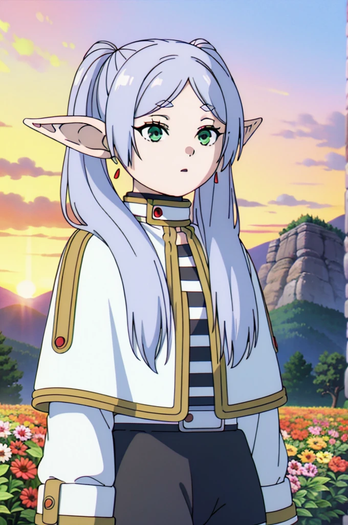 masterpiece,   illustrations,  top quality , 8k,   1 girl, Alone, Frielen,   long hair,   Twin Tails  , (  green eyes:1.2),  Grey Hair,   stars , Elf Frielen ,1 Elf Girl,Alone,
 capelets, jacket, striped shirt,
belt, skirt,
 pantyhose,
 boots,
Flower Field,sunset,Mountain,lake,null, medium breasts,   sportswear  ,   sports top  ,   shorts, (one-legged tights  ),,  大きな jacket , Thighs,  ((close-up)),   upper body，