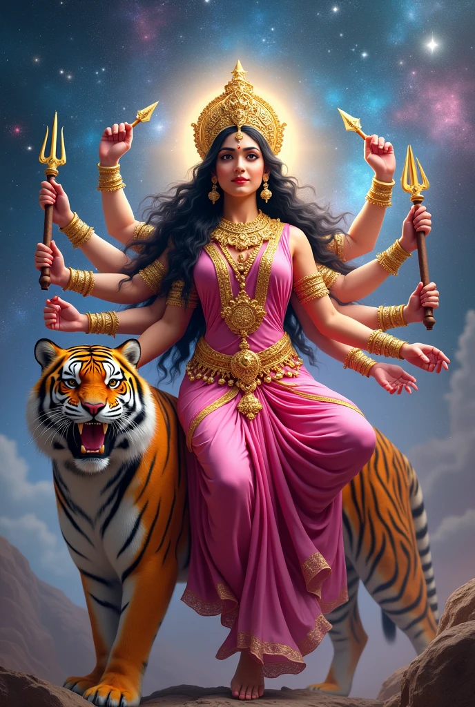"Create an ultra-realistic image of the beautiful Goddess Chandraghanta, depicted in her divine form, wearing a royal blue saree with a matching blouse. The saree should be richly detailed with intricate gold embroidery, symbolizing her royal status and celestial power. Her skin should glow with a soft, radiant light, reflecting her divine nature. Her face should be serene yet powerful, with large, compassionate eyes that exude both grace and strength. A serene smile should adorn her face, conveying her peaceful nature and her commitment to the welfare of her devotees, she have extreme long hair, beautiful hair, long flowing hair, long wavy hair, dense hair.
On her forehead, she wears a semi-circular moon (Chandra), which resembles a bell (Ghanta), symbolizing her name 'Chandraghanta.' The half-moon should be prominently displayed on her forehead, glowing with a celestial light that symbolizes her divine connection to the cosmos.
Goddess Chandraghanta should be depicted with ten hands.
In her four left hands, she holds a Trishul (trident),
Gada (mace),
Sword,
Kamandal (water pot), signifying her readiness for battle and her divine powers.
Her fifth left hand should be in Varada Mudra, offering blessings and boons to her devotees.
In her four right hands, she holds a lotus flower,
Arrow,
Dhanush (bow),
Japa Mala (prayer beads), symbolizing her spiritual and protective powers.
Her fifth right hand should be in Abhaya Mudra, offering protection and reassurance.
She should be seated on an extremely large and powerful tigress, symbolizing her strength, courage, and readiness to protect her devotees. The tigress should have a fierce yet loyal expression, perfectly complementing the goddess's commanding presence.
The background should be a celestial landscape, mountains and forest with soft, glowing light that enhances the divine atmosphere. Elements like the moon and stars should be subtly incorporated to reflect her connection to the celestial realm. The ove