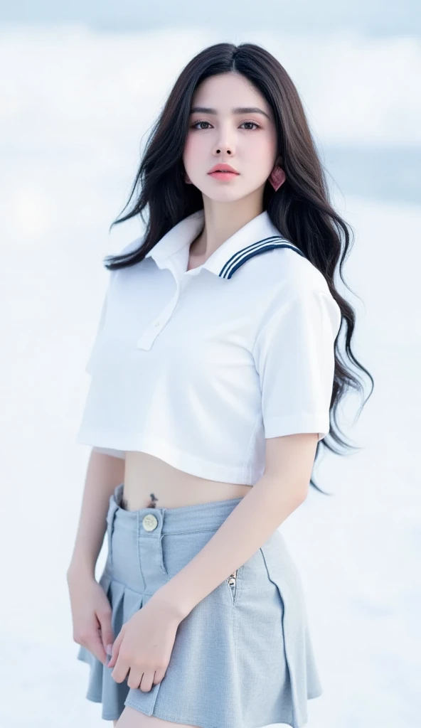 A sultry mermaid-like siren, her porcelain doll-like complexion aglow under softbox lighting on a crisp white background. Her luscious locks cascade down her back as she poses in a school uniform getup, complete with a crisp white shirt and short grey skirt, her human features a striking contrast to the nautical attire