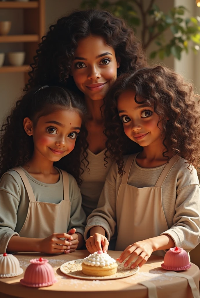 Mother and **-****-*** daughter of African descent, mother and *********** daughter, menina de 11 anos, Com pele negra, mother and curly-haired daughter playing in a luxurious kitchen, The kitchen is all white with red details and accessories.........., as duas usam um avental vermelho sobre a roupa branca e fazem um delicioso bolo de morango com chantily. The mother seems more mature, 40-year-old mother, filhas com 9 anos de idade e 11 anos de idade