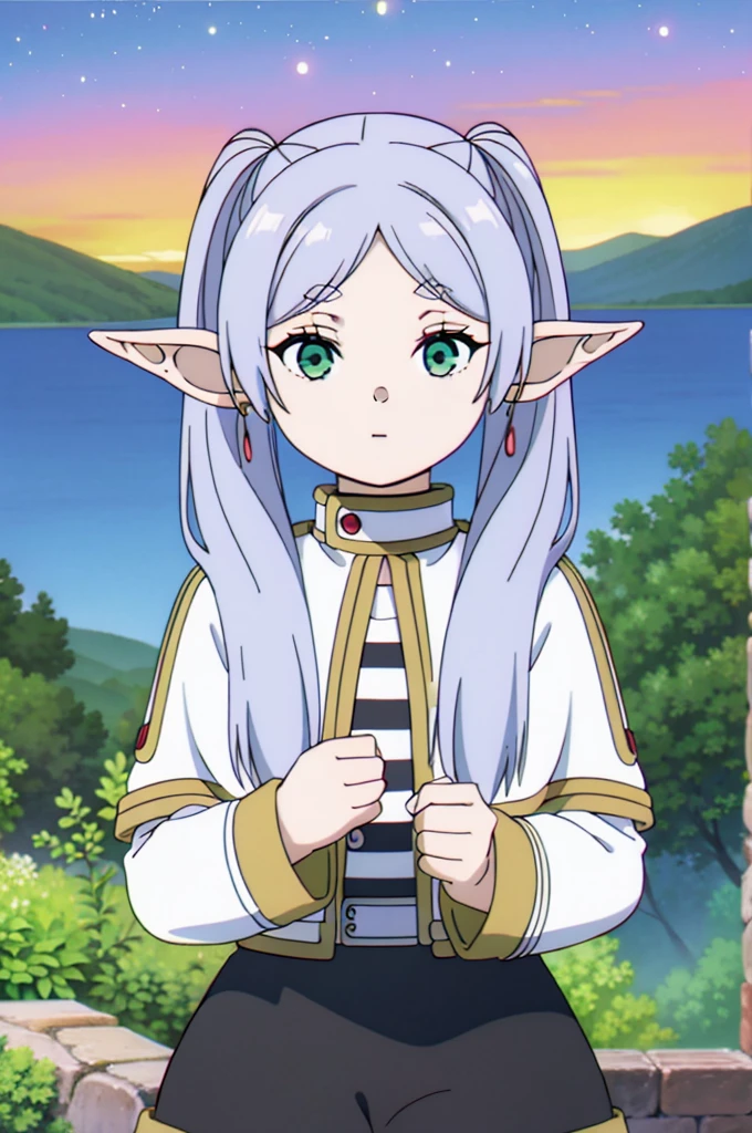 masterpiece,   illustrations,  top quality , 8k,   1 girl, Alone, Frielen,   long hair,   Twin Tails  , (  green eyes:1.2),  Grey Hair,   stars , Elf Frielen ,1 Elf Girl,Alone,
 capelets, jacket, striped shirt,
belt, skirt,
 pantyhose,
 boots,
Flower Field,sunset,Mountain,lake,null, medium breasts,   sportswear  ,   sports top  ,   shorts, (one-legged tights  ),,  大きな jacket , Thighs,  ((close-up)),   upper body，