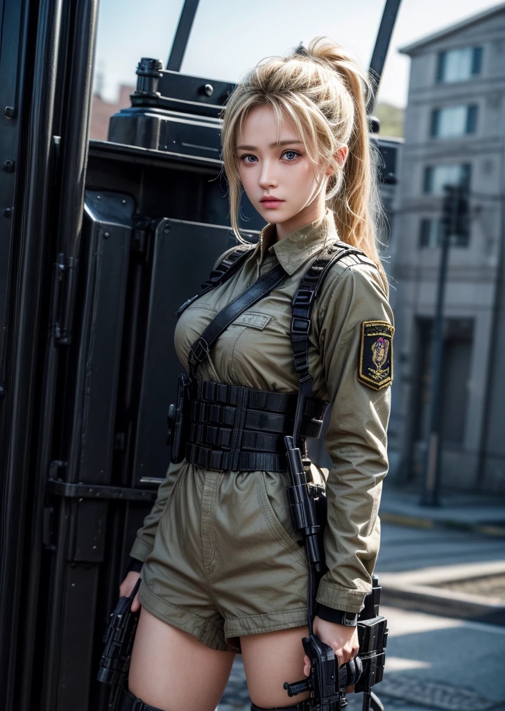 ( masterpiece, abstract set, high resolution Detailed details )  1 person, wavy blonde hair, adult, blue eyes, ponytail, beautiful face, cute , military kit has various equipment ,Carrying a machine gunSMG , eyes and Detailed face Anatomically accurate earrings have been praised many times, the best quality, high detail, realistic texture, super high definition., Full image standing slightly apart legs , behind it is an urban community , Hair clip, angry,  horizon, 