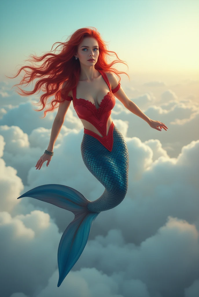 A stunning mermaid soaring through the sky, her long red hair flowing elegantly in the wind. She wears a form-fitting red top, and her navy blue tail glimmers brightly, resembling natural scales. Her bright blue eyes shine with intensity, and her skin appears smooth and radiant under the sunlight. The vast sky surrounds her, with soft clouds enhancing the sense of freedom and grace in her flight