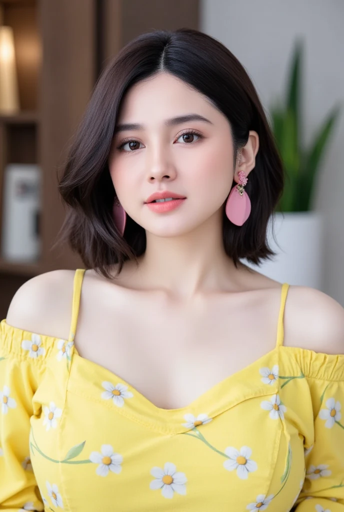 a beautiful young woman with short brown hair,smiling,,dressed in a yellow dress with flower print,brown eyes,(best quality,4k,8k,highres,masterpiece:1.2),ultra-detailed,(realistic,photorealistic,photo-realistic:1.37),HDR,UHD,studio lighting,ultra-fine painting,sharp focus,physically-based rendering,extreme detail description,professional,vivid colors,bokeh,pixel art,scenary
