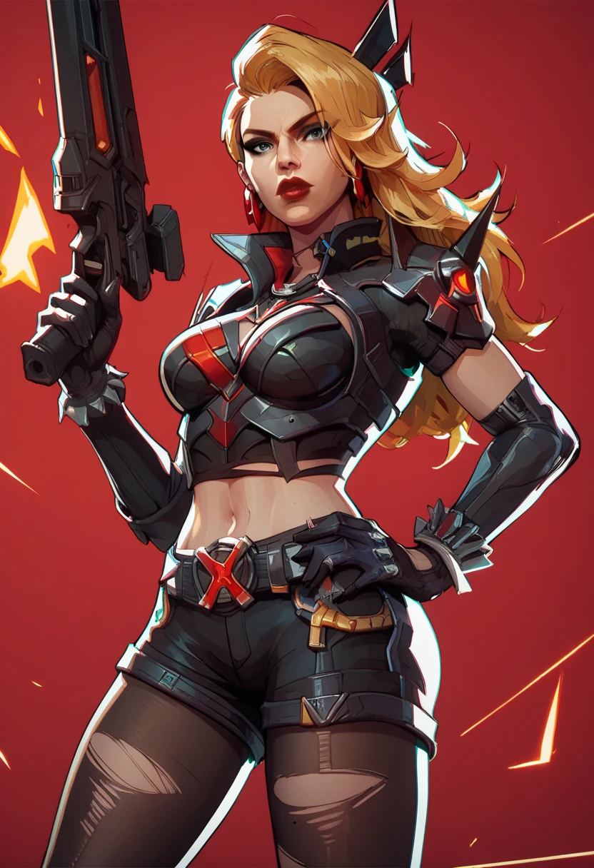 score_9, score_8_up, score_7_up, score_6_up, expressiveh, magik_rivals, 1girl, solo, cowboy shot, blonde hair, long hair, hair accessory, eyeliner, blue eyes, earrings, cropped bodysuit, black bodysuit, armor, belt, gloves, black gloves, black clothes, pauldrons, midriff, navel, short shorts, yellow details, pantyhose, ripped pantyhose, spikes, holding sword, holding weapon, huge weapon, magik sword, glowing sword, yellow sword, weapon, posing, hand on hips, simple background, simple background, geometric shapes score_9, score_8_up, score_7_up, score_6_up, expressiveh, blackwidow_rivals, 1girl, solo, cowboy shot, red hair, asymmetrical hair, headset microphone, eyeliner, blue eyes, red lips, bodysuit, black bodysuit, gloves, black gloves, forearm guns, black clothes, red details, red glow, baton_(weapon), holding weapon, sniper rifle, holding sniper rifle, huge weapon, posing, hand on hips, red sparks, red background, geometric shapes, looking at viewer, geometric pattern on background
