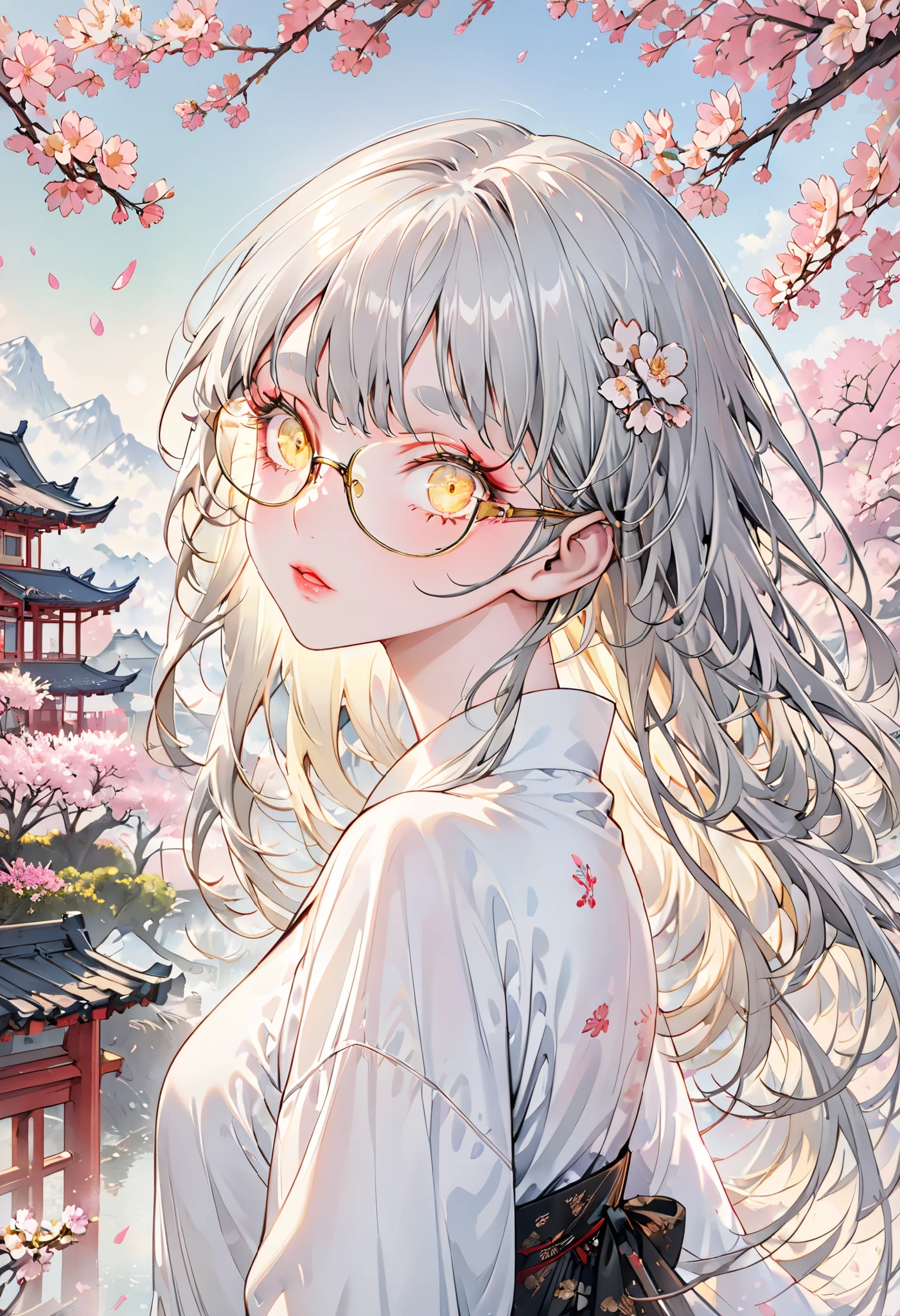 Glasses、Glasses、glowing eyes、long hair, gray hair, masterpiece, top quality, very beautiful, Absurd, with bangs, glasses, yellow eyes,Yellow Eyes, Glasses、Cherry blossoms fluttering in the background ，( top quality , very detailed, high definition :1.2), slim albino girl，very_Long white eyelashes, White eyebrow,  white skin， detailed lips , Cool Look, My skin,  shiny hair, Exquisite Makeup , yag