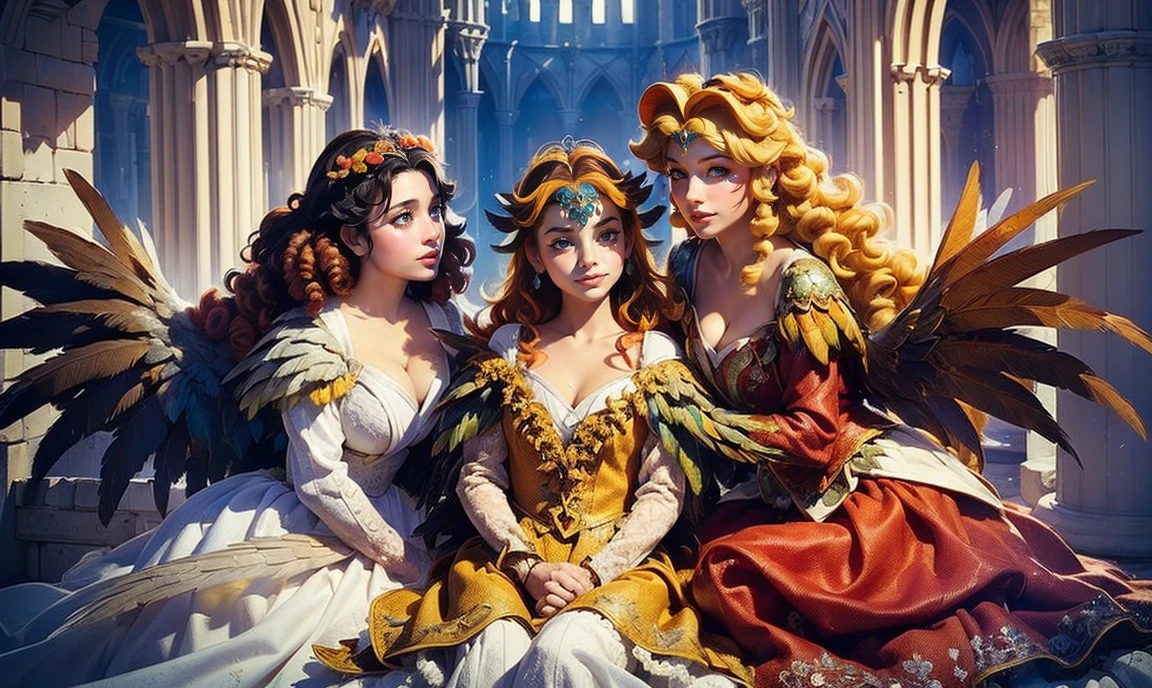 fantasy setting. close up. standing bunched in together in the middle of the picture. ((2 unique lovely harpy princesses:1.5)), unique personalities, ((unique expression on face:1.5)), (((unique natural hair colored:1.5))), ((red hair)), ((blond hair)), ((black hair)), ((brown hair)), (((unique natural eye color:1.5))), ((busty:1.5)), wearing elaborate tasteful flowing floral gowns, ((looking straight at the camera:1.5)), ((dark wings)), pretty castle ruins background.