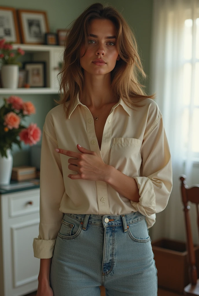 Beautiful girl, 20 years old, elongated face with smooth outlines, blonde hair, beautiful ponytail behind her head, blonde, eye makeup, designer eye cut, beautiful eyes, long eyelashes, realistic looking human, big lips, short blouse, silk blouse, silk pants, beautiful legs, slender body, beautiful body, tanned face, (realistic: 1.3), finely detailed, high quality, studio lighting, (masterpiece: 1.2), (photorealistic: 1.2), (best quality), (detailed skin: 1.3), (intricate details), ??????????????, (Meadow, Sun, Clouds, Field, Walking Path)