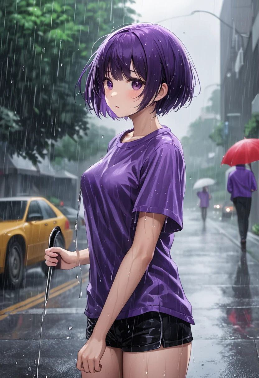 A girl with a short purple shirt and short hair was getting caught in the rain