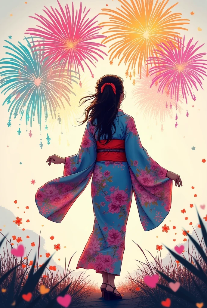 illustration, Abstract, silhouette, colorful, pale colour, Yukata, woman, fireworks display,