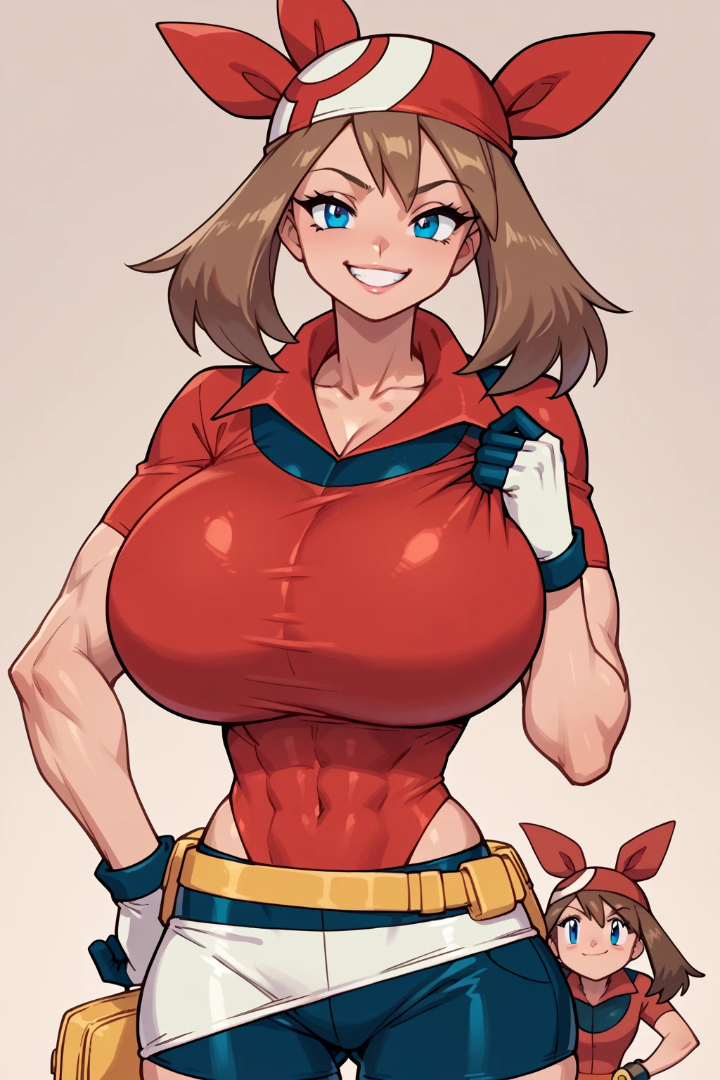 score_9, score_8_up, score_7_up, score_6_up, BREAK, MayPXL, blue eyes, brown hair, short hair, red bandana, red shirt, short sleeves, gloves, black shorts, torso, smug smile, gigantic bust, toned, strong, bimbo body, 