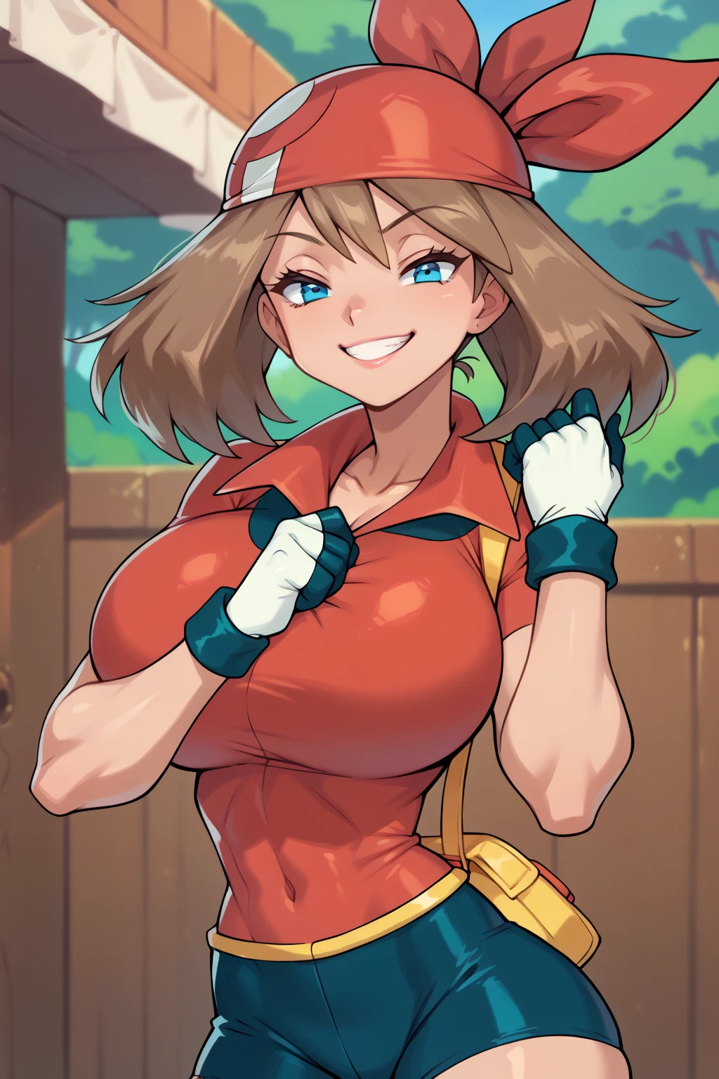 score_9, score_8_up, score_7_up, score_6_up, BREAK, zzMay, blue eyes, brown hair, short hair, red bandana, red shirt, short sleeves, gloves, black shorts, torso, smug smile, gigantic bust, toned, strong, bimbo body, 