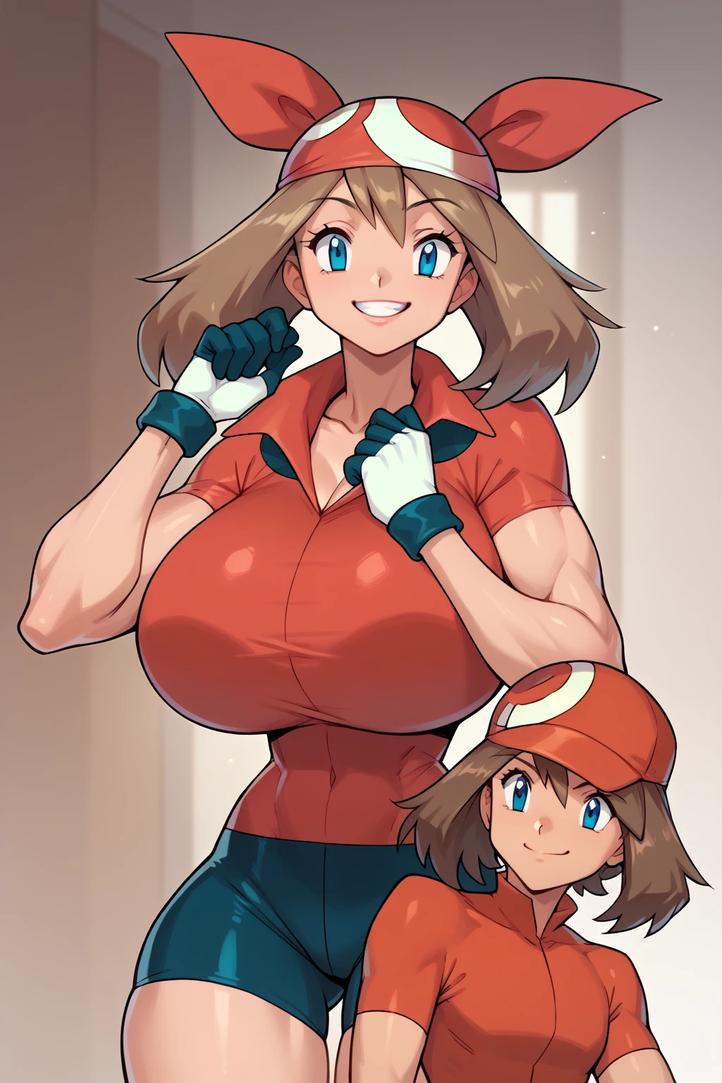 score_9, score_8_up, score_7_up, score_6_up, BREAK, zzMay, blue eyes, brown hair, short hair, red bandana, red shirt, short sleeves, gloves, black shorts, torso, smug smile, gigantic bust, toned, strong, bimbo body, 