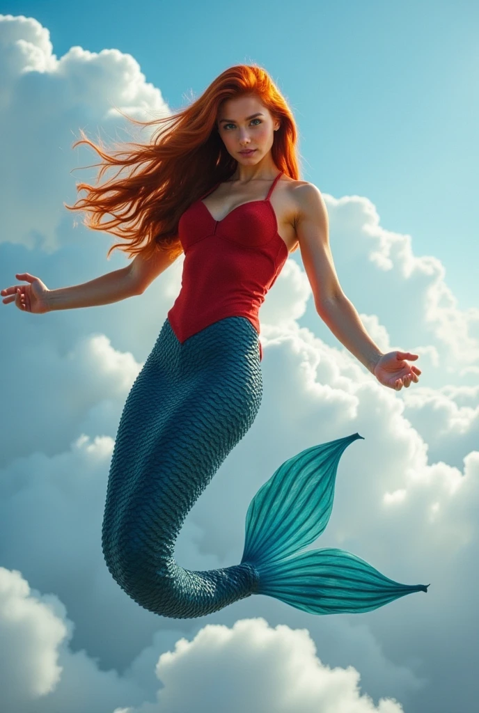 A stunning mermaid soaring through the sky, her long red hair flowing elegantly in the wind. She wears a form-fitting red top, and her navy blue tail glimmers brightly, resembling natural scales. Her bright blue eyes shine with intensity, and her skin appears smooth and radiant under the sunlight. The vast sky surrounds her, with soft clouds enhancing the sense of freedom and grace in her flight