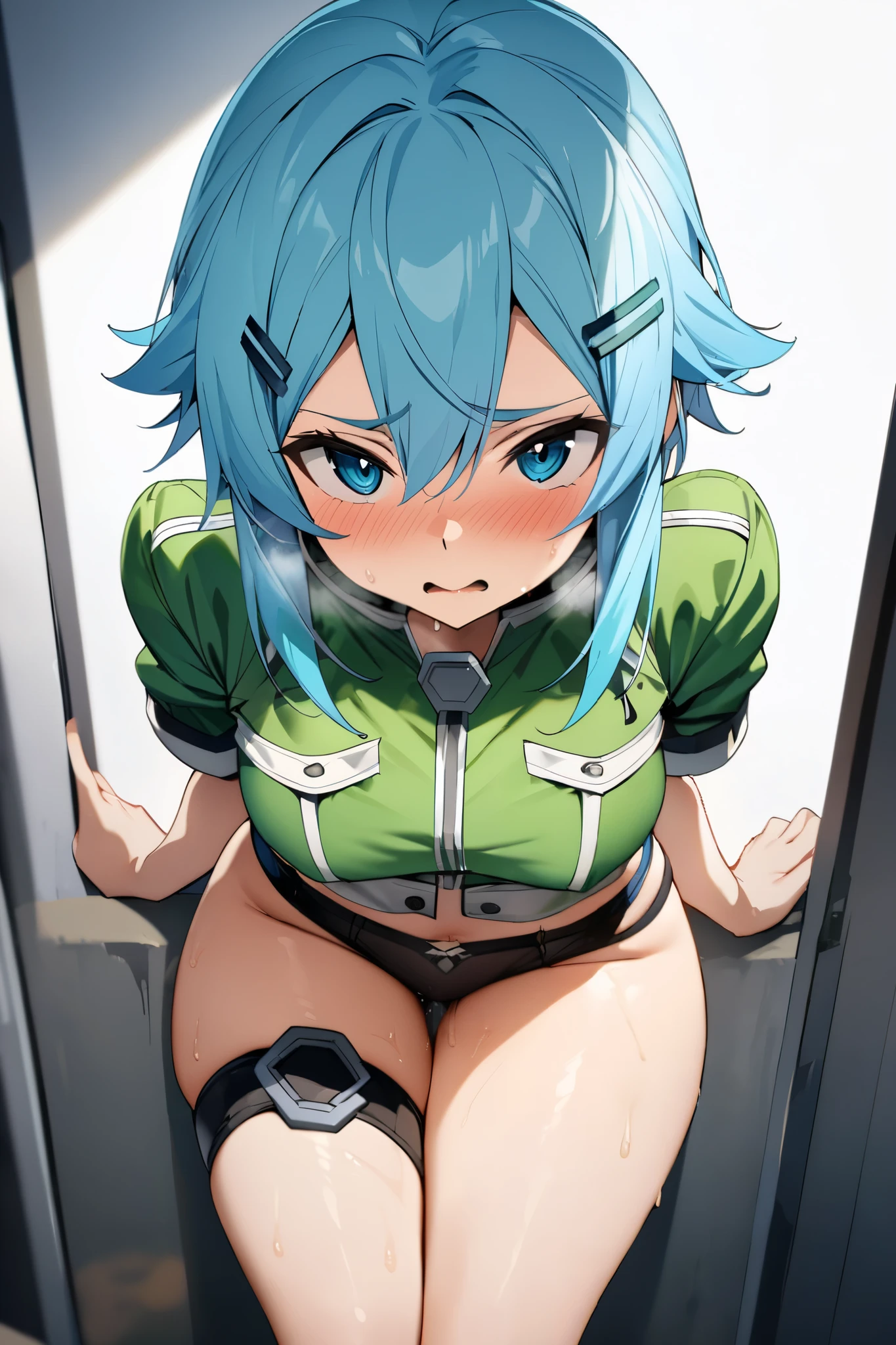 Best Quality, ultra-detailliert, Illustration, green hair, big blue eyes, Aimei,,embarrassed from，red blush，scratching your head，short hair, cute face，beautiful breast，turned around，Close，small breasts, Angle to show off breasts，look up to，finely detail，a bed、Maids，，Sit up，small ass，Pants that turn around，backs, mecha headgear, red panties