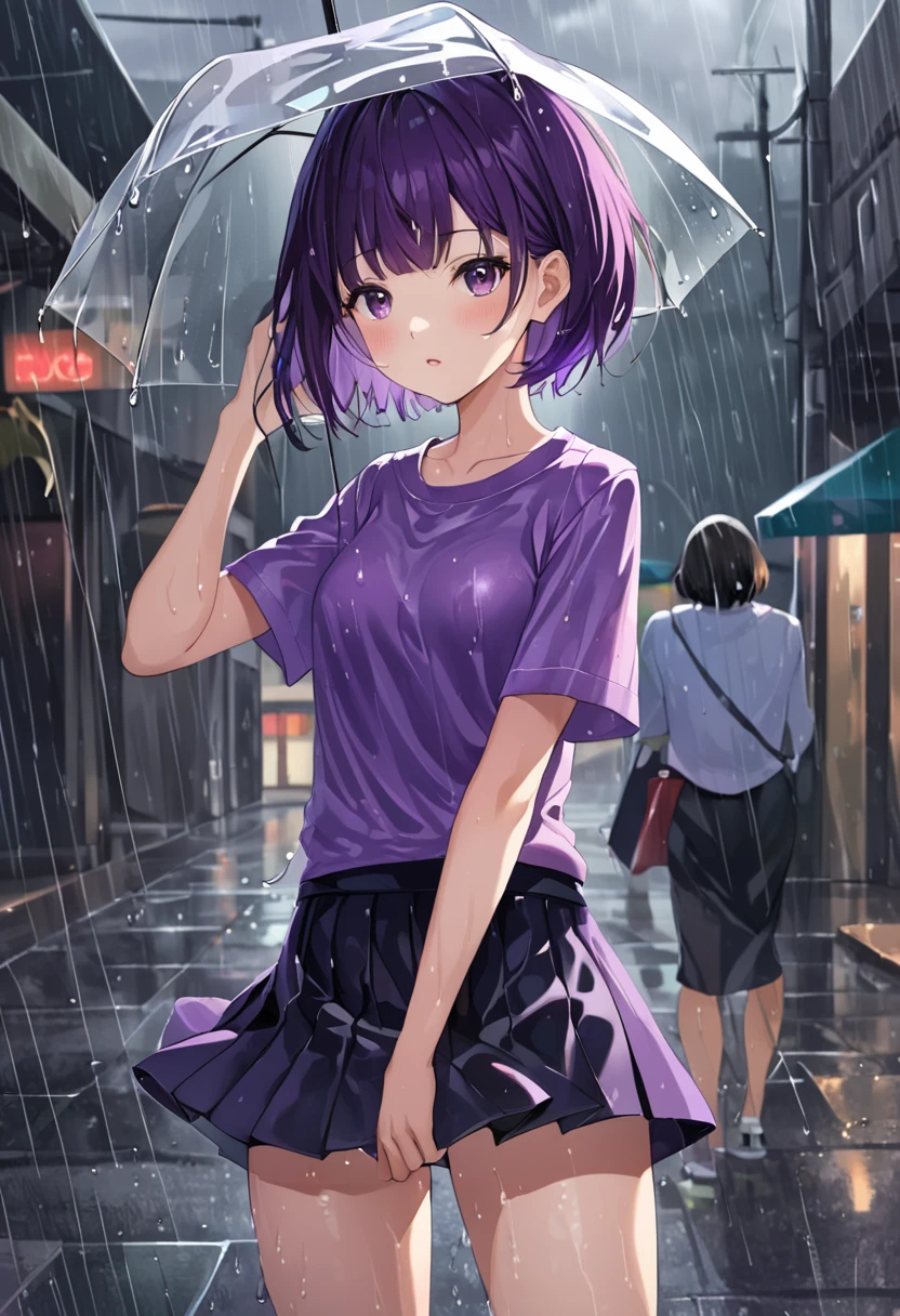 A girl with a short purple shirt and short hair And the short skirt is being rained on