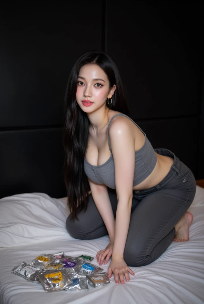 (masterpiece,  top quality: 1.2), Alone,(((Low-angle shot))), ( stretched gray sports bra), jean denim pants , black hair, radiant skin, earring, blushes, bed,night,  big boobs, huge boobs ,  pink areolas ,  pink lips ,smart nose,( squat position below eyes ), side view , Beautiful Lighting ,shy expression, shy face,smile around the mouth ,Close your eyes,Open your mouth,Paparazzi,photoshoot pose,sexy pose,bed 위 많은 콘돔
