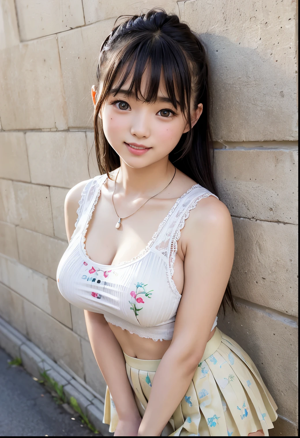 ( top quality ,masterpiece:1.3, super high resolution ),( very detailed、 caustics) ( realistic :1.4, RAW shooting、)Ultra- realistic  Capture、 very detailed、 natural skin texture、masterpiece、( printed tank top and pleated skirt standing against a wall in a cul-de-sac on a street corner:1.3)、 cute expression 、Expression of happiness、、: 、、 innocent ly cute、One-curl inward hairstyle、 Medium Long Hair 、 black hair、 Big Breasts、Shining thighs、Shining Ass、 necklace、Japanese elementary school girl details、smile、 invite a gaze、( anatomically accurate)、 cowboy shot、 attention to detail、Panties exposed、