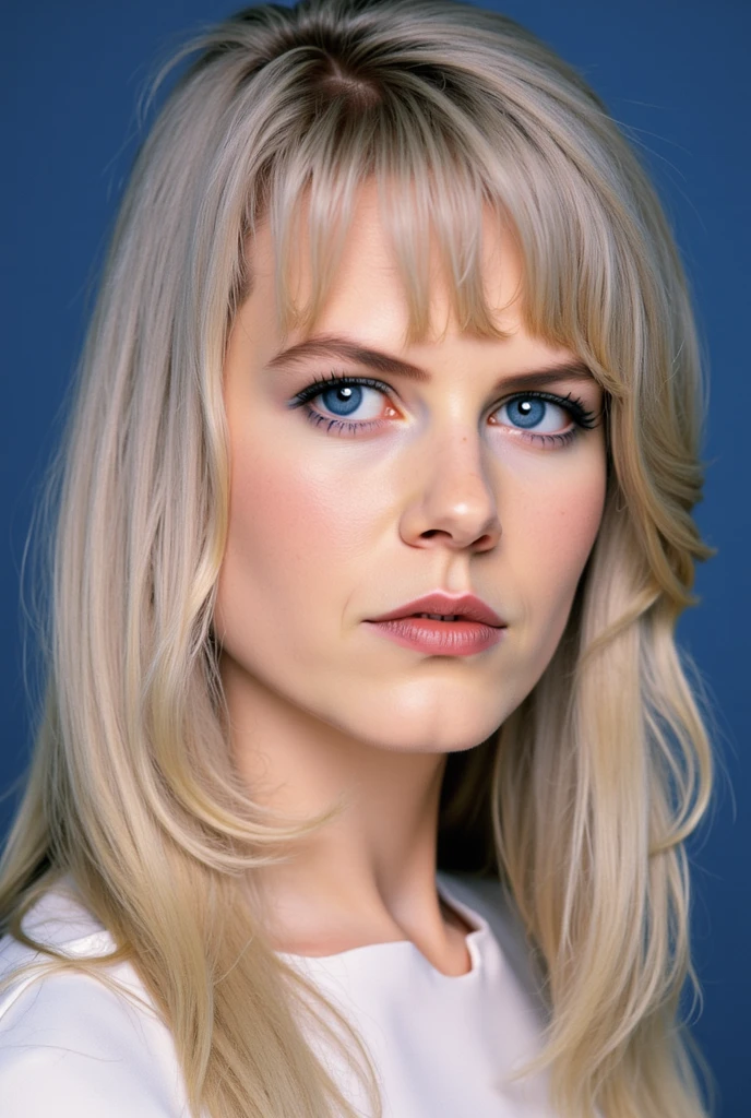 detailed face, detailed body,shiny skin,photorealistic, dutch angle, masterpiece, best quality, amazing quality, very aesthetic, absurdres,  newest, scenery, volumetric lighting,very bulging human eyes,
Slavic appearance,
(Woman, long lush silvery white hair, straight hair,straight bangs above the eyes, dark blue eyes, light blue shadows under the eyes ( makeup), pale skin, light blue lips lipstick (makeup))