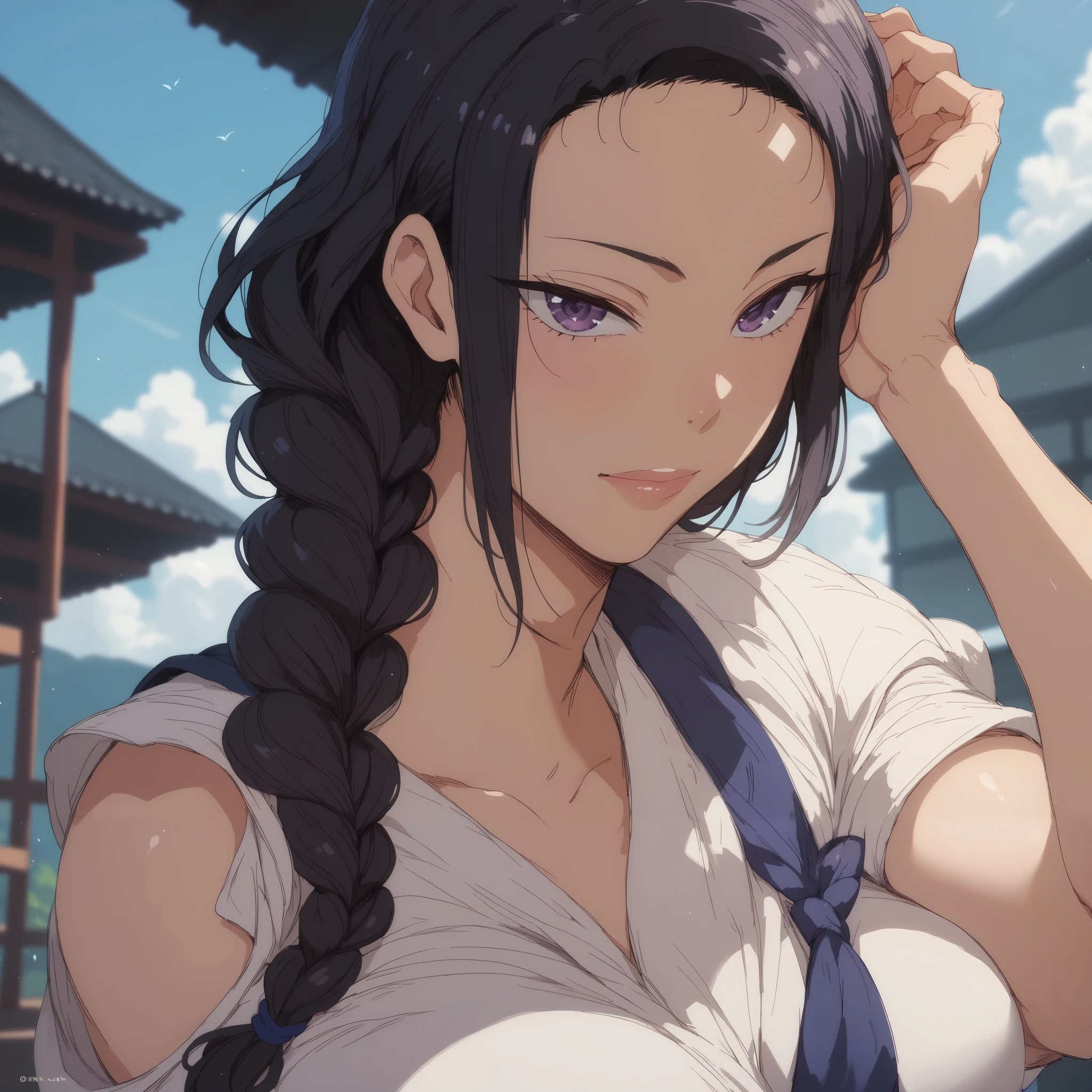 Alone,
Tsubaki Miyajima ,1 woman, black hair , Single Braid ,forehead, purple eyes,
 big boobs,