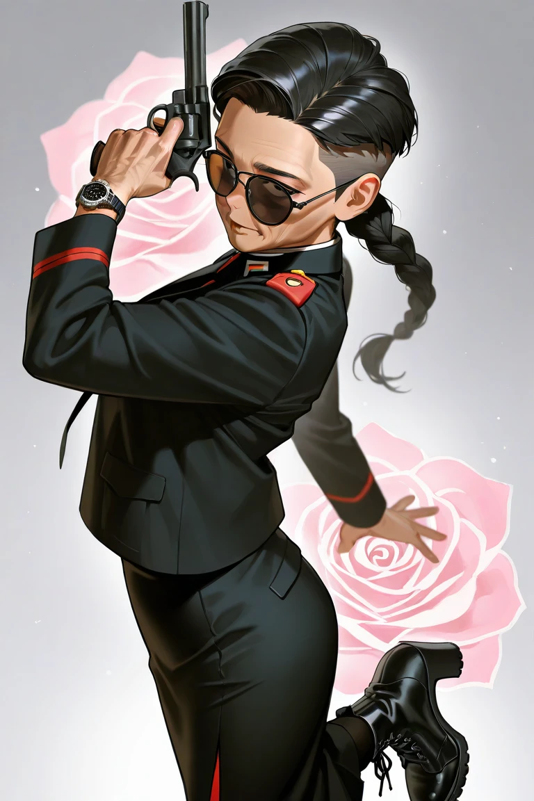 A 26-year-old woman, heights 165 cm, standing sideways, with black hair braided on both sides, wearing glasses, a white long-sleeved shirt, a long black skirt, and 1.5-inch black high heels. Her right hand is moving her eyeglass frames, her left hand is holding a pink rose, and her left wrist is wearing a wristwatch with her back to a heights 180 cm man with undercut hair, wearing all black military tractical uniform, combat boots. His right hand is holding a revolver . Holding the gun at an elbow bent at about 70 degrees . His left hand is moving his sunglasses. 