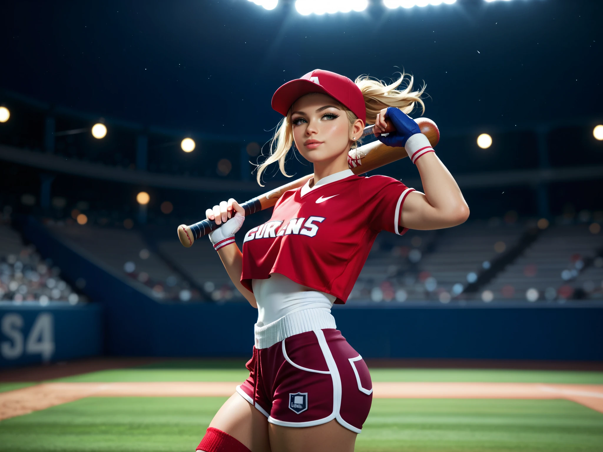A confident and athletic female baseball player in a dynamic pitching pose, inspired by a high-leg motion, gracefully balanced. She has a slim, curvy physique and wears a sporty crop top and fitted athletic shorts. Her baseball glove is raised with focus and precision, while her expression conveys determination and energy. The nighttime stadium background is dark with bright flashes of cameras and soft stadium lights creating a dramatic contrast. The atmosphere feels dynamic, vivid, and full of motion, with subtle light reflecting off her toned body and attire.