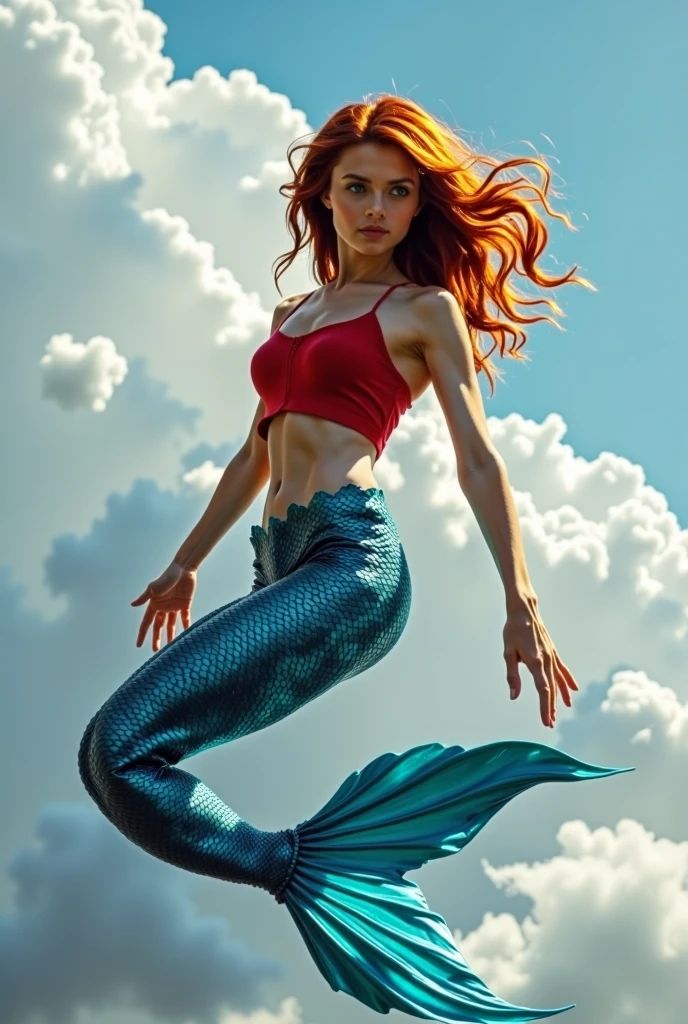 A stunning mermaid soaring through the sky, her long red hair flowing elegantly in the wind. She wears a form-fitting red top, and her navy blue tail glimmers brightly, resembling natural scales. Her bright blue eyes shine with intensity, and her skin appears smooth and radiant under the sunlight. The vast sky surrounds her, with soft clouds enhancing the sense of freedom and grace in her flight