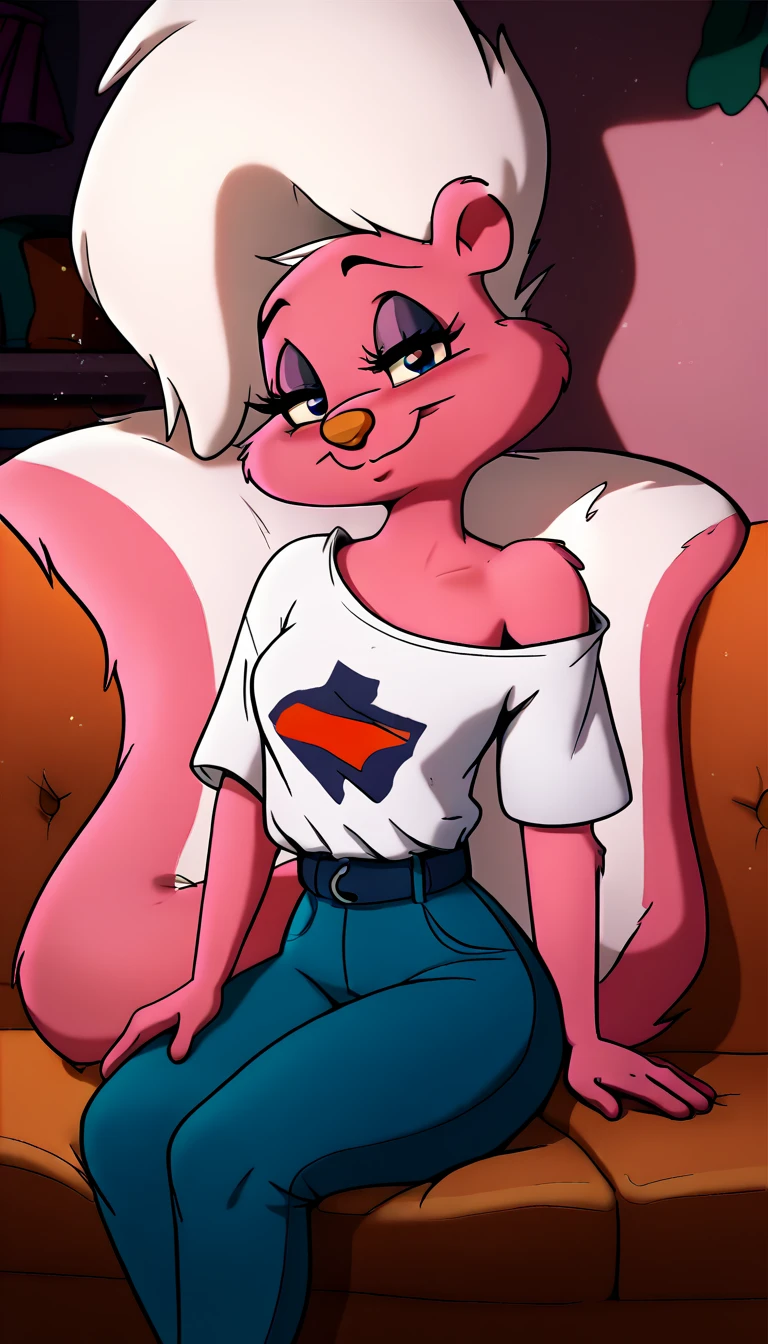 score_9, score_8_up, score_7_up, score_6_up, score_5_up, score_4_up, masterpiece, best quality, nervous expression, female, anthro, furry, pink fur, fluffy fur, BREAK, French striped skunk female, Bimbette, furry female, lesbian homophobic skunk, skunk ears, skunk nose, cute eyes, blue eyes, white female eyelids, female eyelashes, eyeshadows, female makeup, skunk tail, white hair, (white hair), solo, (living room), sitting on a sofa, detailed, big eyes, strong arms, white off-shoulder shirt, blue jeans with a belt on, happy, head tilt, adult, very tall, 6' 3, (30 years), straight legs, half-closed eyes, blush, looking at the viewer, sitting, (kilinah), light particles, score_9, score_8_up, score_7_up, score_6_up, score_5_up, score_4_up