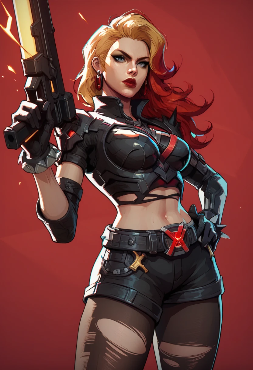 score_9, score_8_up, score_7_up, score_6_up, expressiveh, magik_rivals, 1girl, solo, cowboy shot, blonde hair, long hair, hair accessory, eyeliner, blue eyes, earrings, cropped bodysuit, black bodysuit, armor, belt, gloves, black gloves, black clothes, pauldrons, midriff, navel, short shorts, yellow details, pantyhose, ripped pantyhose, spikes, holding sword, holding weapon, huge weapon, magik sword, glowing sword, yellow sword, weapon, posing, hand on hips, simple background, simple background, geometric shapes score_9, score_8_up, score_7_up, score_6_up, expressiveh, blackwidow_rivals, 1girl, solo, cowboy shot, red hair, asymmetrical hair, headset microphone, eyeliner, blue eyes, red lips, bodysuit, black bodysuit, gloves, black gloves, forearm guns, black clothes, red details, red glow, baton_(weapon), holding weapon, sniper rifle, holding sniper rifle, huge weapon, posing, hand on hips, red sparks, red background, geometric shapes, looking at viewer, geometric pattern on background
