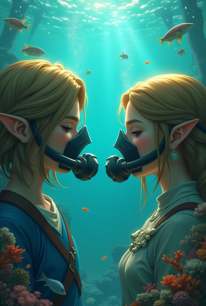 Zelda and Link deep breathing with scuba regulators deep underwater close up