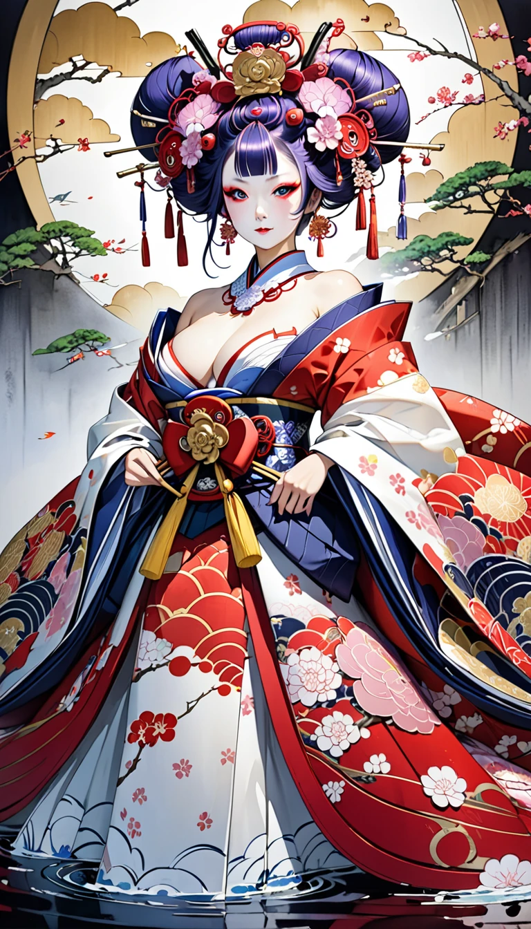 Japanese technique that combines Ukiyo-e and watercolor painting, cool beauty oiran, vivid and seductive expression, cortesy, elegance, dignity, superlative great body proportion, wearing gorgeous courtesan costume, professional and perfect composition, extremely delicate depiction, extremely clear image, effective effects, bold and dynamic, contrasts of light and shadow, 2.5D, artistic photography, hyper realistic, ultra detailed, absolutely resolution, masterpiece