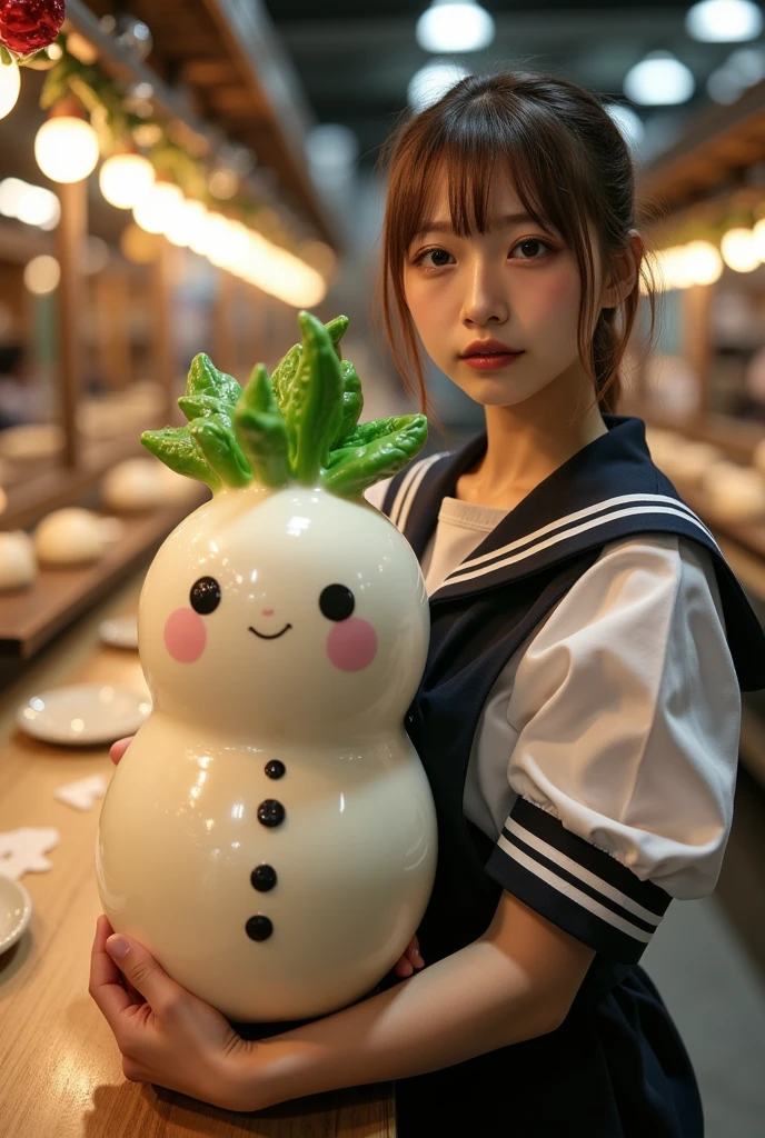 ultra-realistic, photorealistic, dramatic scene, shadow, global-illumination, solo, very beautiful Japanese woman, she is high school student, she works part-time at the factory, very beautiful with very cute but boyish cool face, wearing high school sailor uniform, she is working at the daikon radish figure factory, She is holding a realistic daikon shaped clock that is being carried on a conveyor belt, Many identical clocks are being carried on a conveyor belt in an orderly fashion, the cute clock that she is holding is 1 daikon\(white porcelain, flip clock, intricated detailing, antique, elegant, daikon radish shaped clock, Meissen, Cibulak, Glossy and smooth surface, large, very cute, smile, chubby, full body\), the factory is gorgeously decorated with bamboo and festive Christmas illuminations, shoot from side