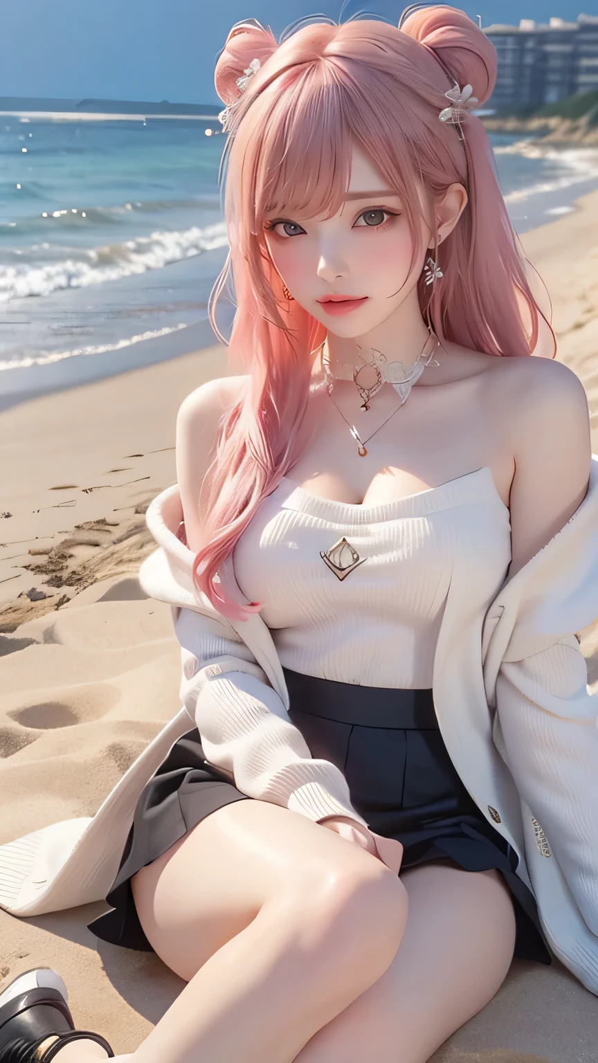 (Masterpiece, BestQuality:1.3), (ultra detailed:1.2), (hyperrealistic:1.3), (RAW photo:1.2), High detail RAW color photo, professional photograph, (Photorealistic:1.4), (realistic:1.4), professional lighting, perfect anatomy, (Big Breasts:1.2), (blush, detailed face), Trending Hair&Trending Hairカラーをランダムに, earrings, necklace, bracelet, sexly, erotic sexly, Random sexy gravure poses, (A pink-haired woman wearing an off-the-shoulder top and shorts on the beach、Enjoying the beach。: 1.3)