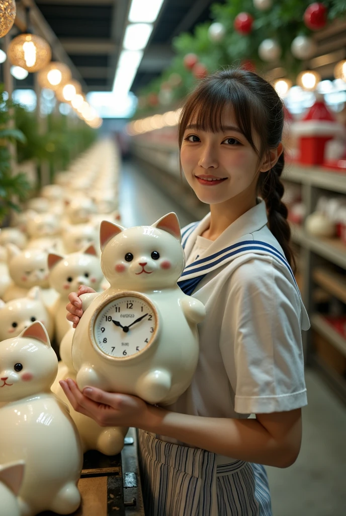 ultra-realistic, photorealistic, dramatic scene, shadow, global-illumination, solo, very beautiful Japanese woman, she is high  student, she works part-time at the factory, very beautiful with very cute but boyish cool face, wearing high school sailor uniform, she is working at the daikon radish figure factory, She is holding a realistic daikon shaped clock that is being carried on a conveyor belt, Many identical clocks are being carried on a conveyor belt in an orderly fashion, the cute clock that she is holding is 1 daikon\(white porcelain, digital clock, intricated detailing, antique, elegant, daikon radish shaped clock, Meissen, Cibulak, Glossy and smooth surface, large, very cute, smile, chubby, full body\), the factory is gorgeously decorated with bamboo and festive Christmas illuminations, shoot from side