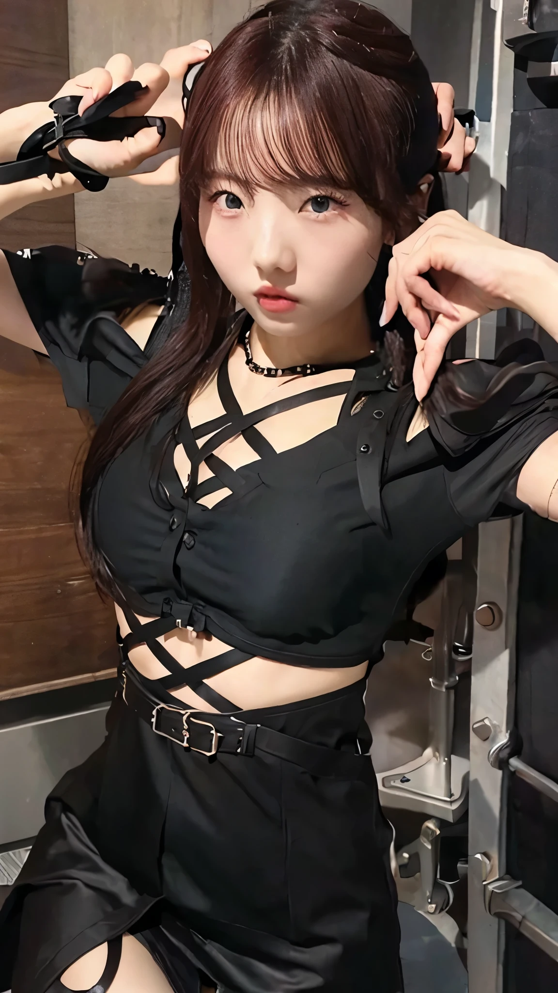 Angry face, Bondage, slave, rubber, black corset ,bondage, color,nsfw,(( top quality , 8k, masterpiece:1.3))), sharp focus with perfect style: 1.2、( Layered Cut , big:1.2), beautiful women、 Completate: 1.4、 slim abs:1.2、 wet body:1.5、 highly detailed face and skin textures 、 detail eyes、 double eyelid , long hair