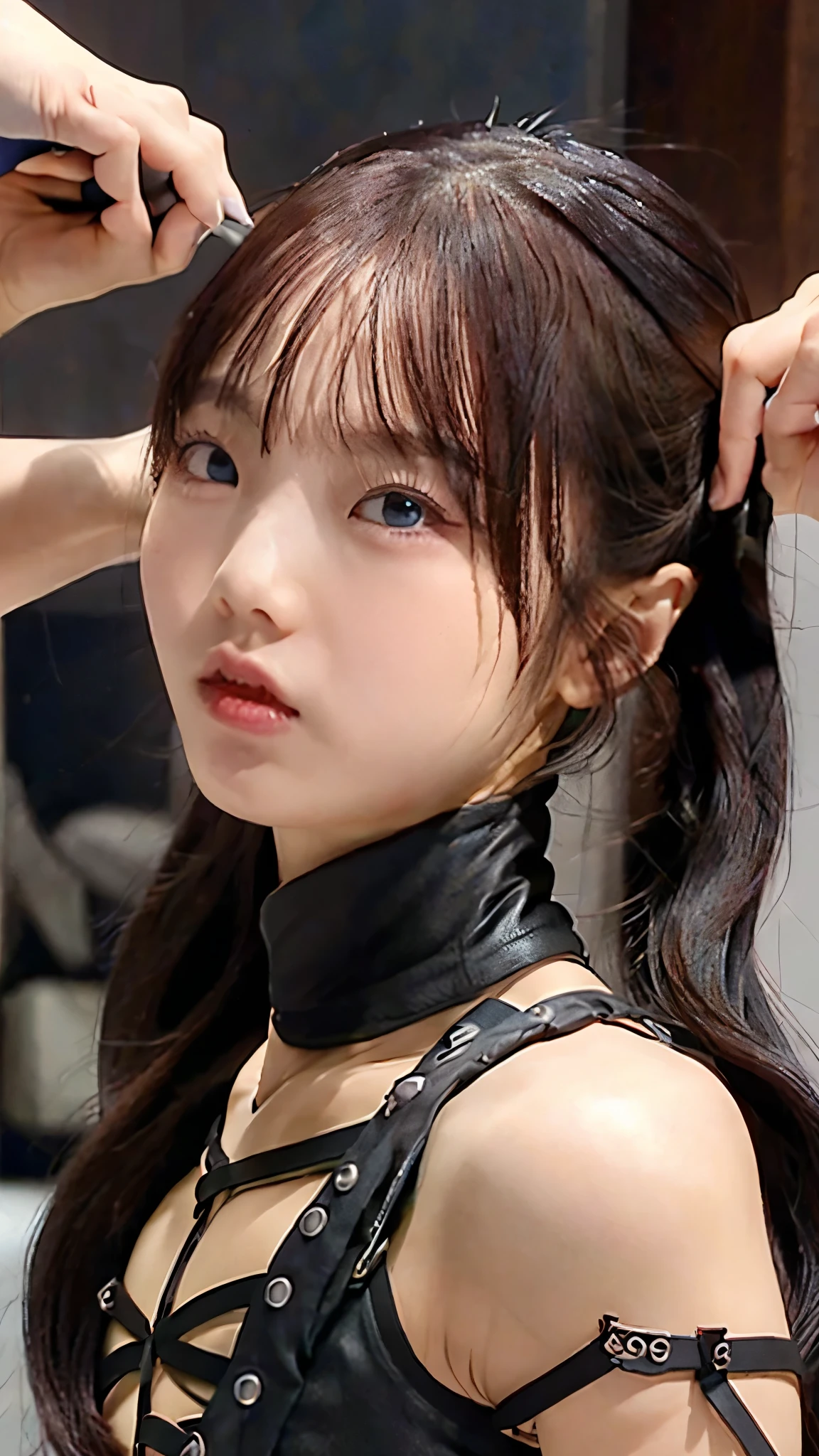 Angry face, Bondage, slave, rubber, black corset ,bondage, color,nsfw,(( top quality , 8k, masterpiece:1.3))), sharp focus with perfect style: 1.2、( Layered Cut , big:1.2), beautiful women、 Completate: 1.4、 slim abs:1.2、 wet body:1.5、 highly detailed face and skin textures 、 detail eyes、 double eyelid , long hair